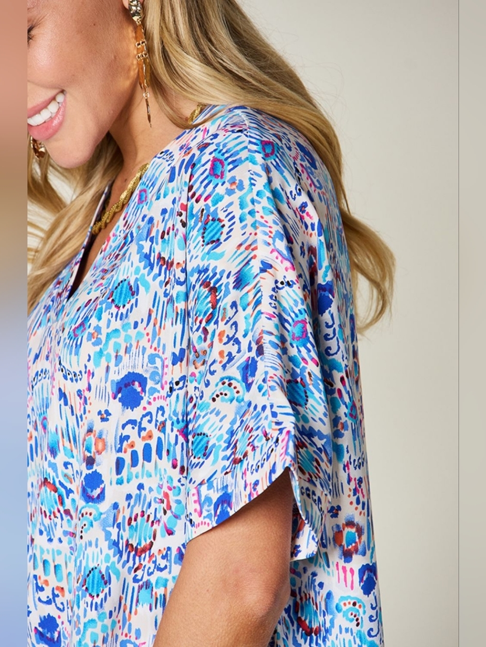 Printed V-Neck Short Sleeve Spring Top in Multi Blue- Plus Size Available - Picture 5 of 9